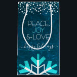 Blue Snowflake Peace Joy Love Typography Modern Small Gift Bag<br><div class="desc">“Peace, joy & love.” A giant, fun, playful, white and turquoise snowflake illustration and modern typography on a rich, deep teal blue marble watercolor background help you usher in the holiday season. A white and turquoise confetti dot border frames the top. Feel the warmth and joy of the holidays whenever...</div>