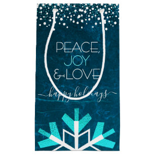 Blue Snowflake Peace Joy Love Typography Modern Small Gift Bag