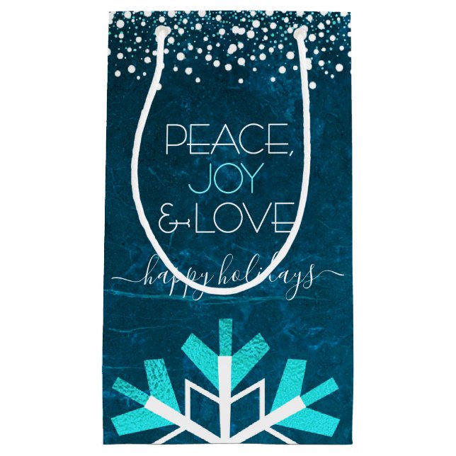 Blue Snowflake Peace Joy Love Typography Modern Small Gift Bag (Front)