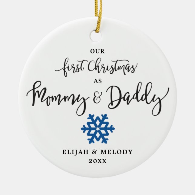 Blue Snowflake Personalised Mum and Dad Christmas Ceramic Tree Decoration (Front)