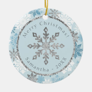 Blue Snowflake Personalised Name Date Ceramic Tree Decoration