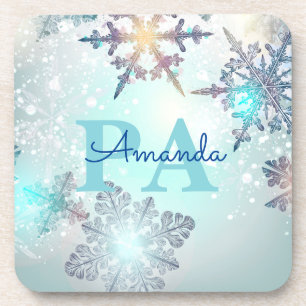Blue Snowflake Personalized Name PA Coaster