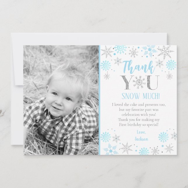 Blue Snowflake Photo 1st Birthday Thank You Card (Front)