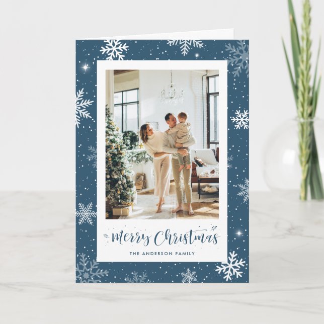 Blue Snowflake Photo Merry Christmas Holiday Card (Front)