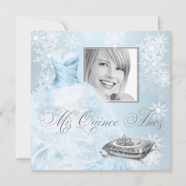 Blue Snowflake Photo Quinceanera Invitation (Front)
