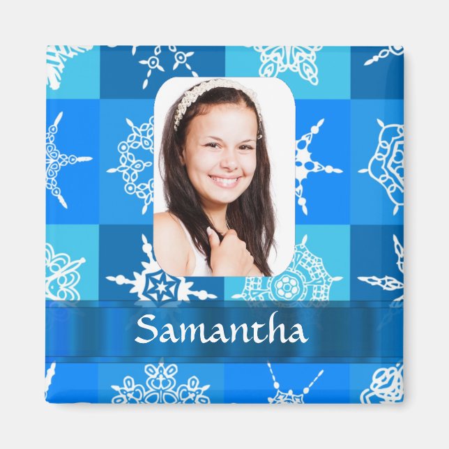 Blue snowflake photo template magnet (Front)