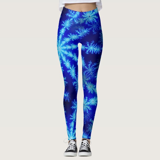 Blue Snowflake Psychedelic Mandelbrot Fractal Leggings (Front)
