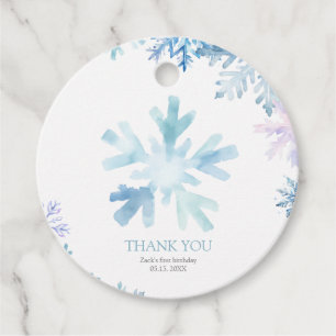 Blue Snowflake Round Favour Tag for First Birthday