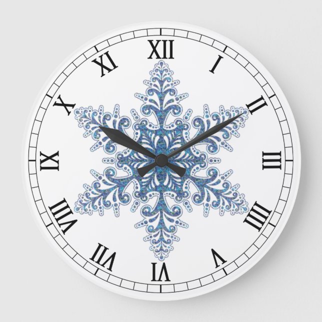 Blue Snowflake Round Roman Numerals Clock (Front)