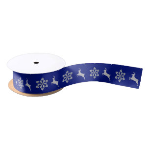 Blue Snowflake Silver Reindeer Satin Ribbon