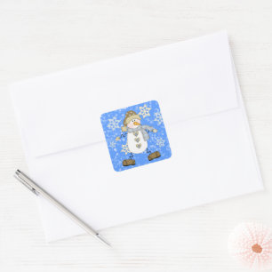 Blue Snowflake Snowman Holiday Square Sticker
