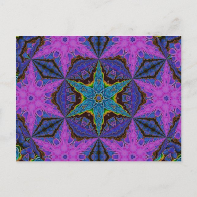 Blue Snowflake Starburst Kaleidoscopic Mandala Postcard (Front)