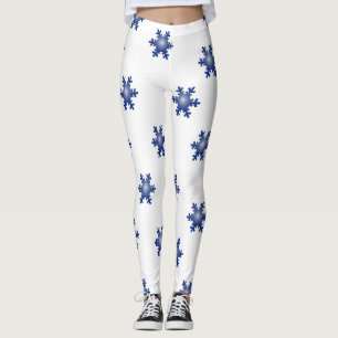 Blue Snowflake Starburst on White Leggings
