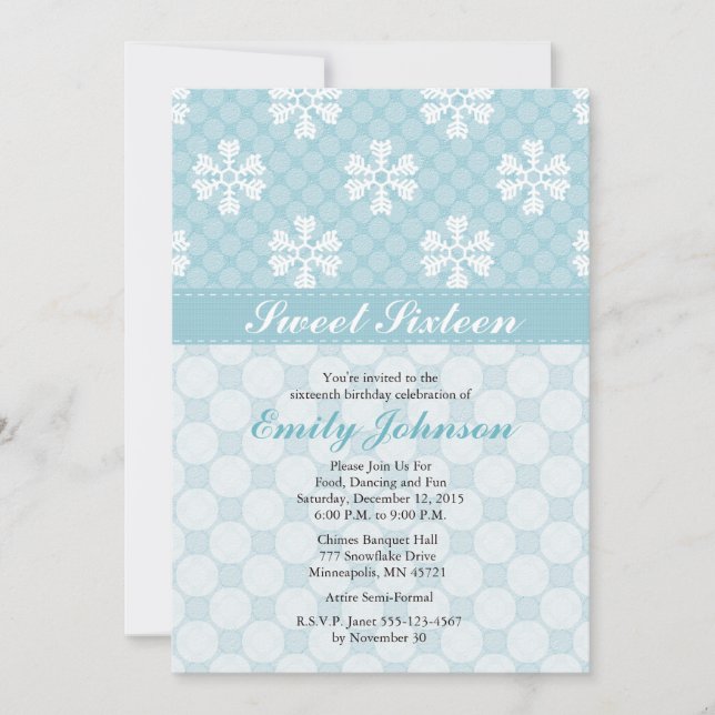 Blue Snowflake Sweet Sixteen Invitations (Front)