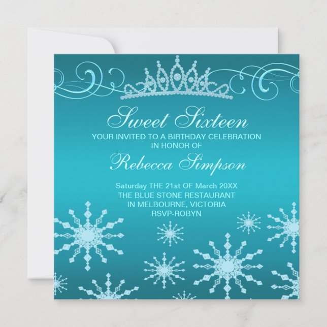 Blue Snowflake & Tiara Design Birthday Invitation (Front)
