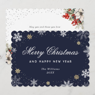 Blue Snowflake Watercolor Botanical  Holiday Card