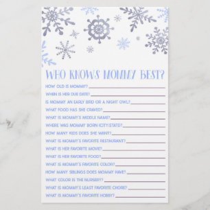 Blue Snowflake Who Knows Mummy Baby Shower Game Stationery