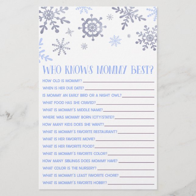 Blue Snowflake Who Knows Mummy Baby Shower Game Stationery (Front)
