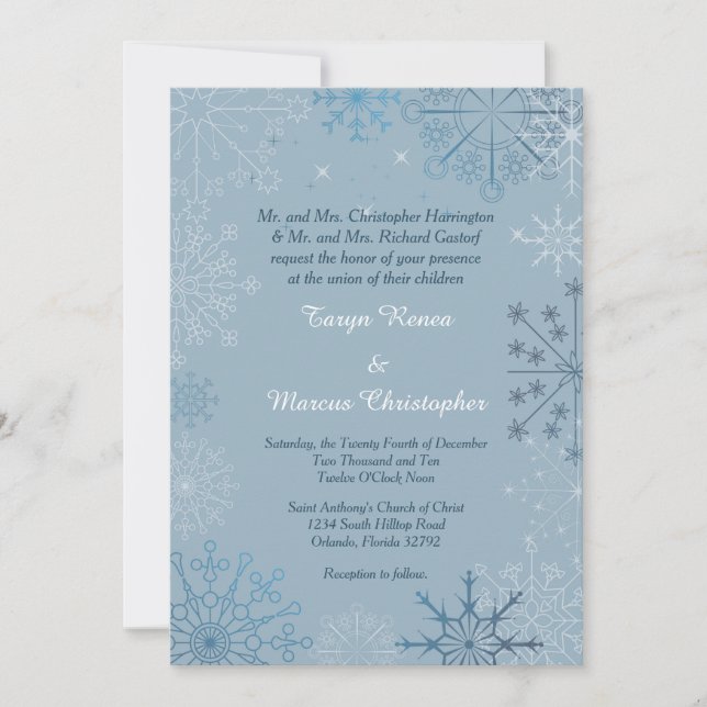 Blue Snowflake Winter 5x7 Wedding Invitation (Front)