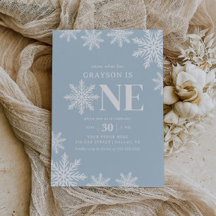 Blue Snowflake Winter Boy 1st Birthday Invitation
