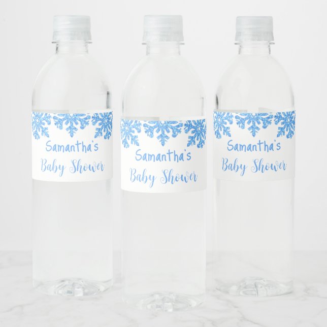 Blue Snowflake Winter Boy Baby Shower Water Bottle Label (Bottles)