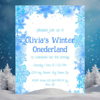 Blue Snowflake Winter Onederland Party Invitation