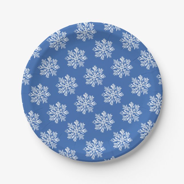 Blue Snowflake Winter Pattern Christmas Holiday  Paper Plate (Front)
