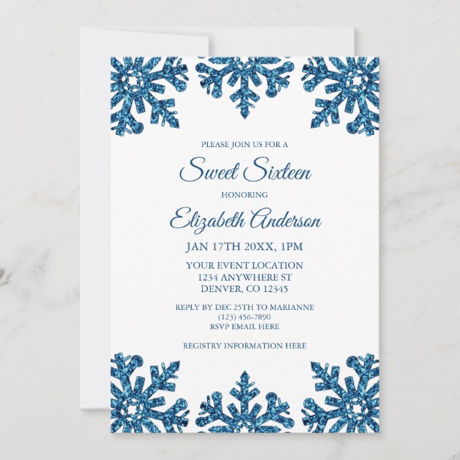 Blue Snowflake Winter Sweet Sixteen Invitation (Front)