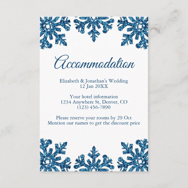 Blue Snowflake Winter Wedding Accommodation Enclosure Card (Front)