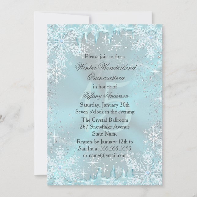 Blue Snowflake Winter Wonderland Quinceanera Invitation (Front)