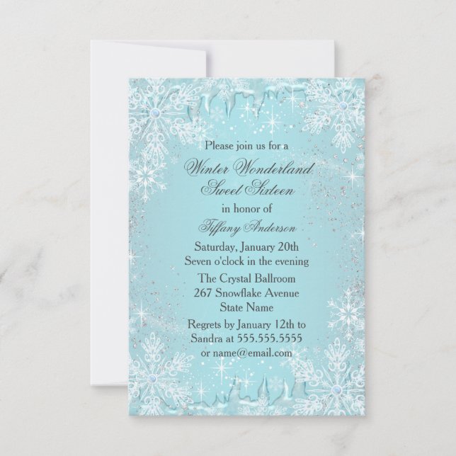 Blue Snowflake Winter Wonderland Sweet 16 Invite (Front)