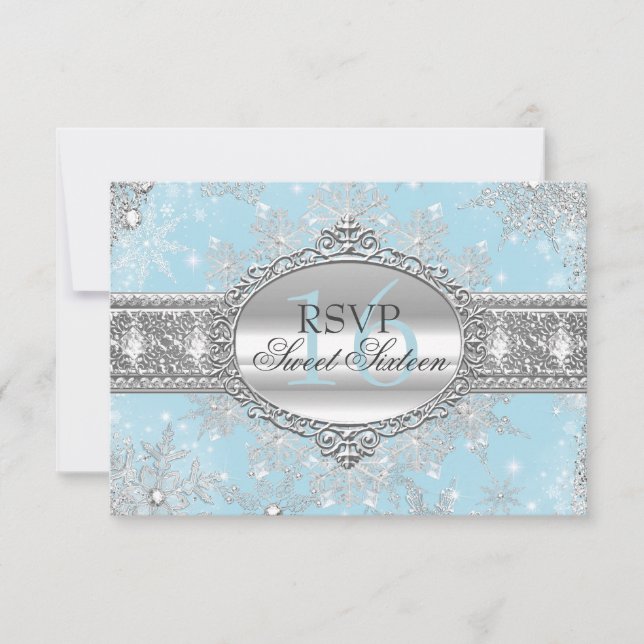 Blue Snowflake Winter Wonderland Sweet 16 RSVP (Front)