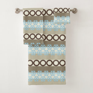 Blue Snowflakes and Brown Circles Winter Pattern Bath Towel Set