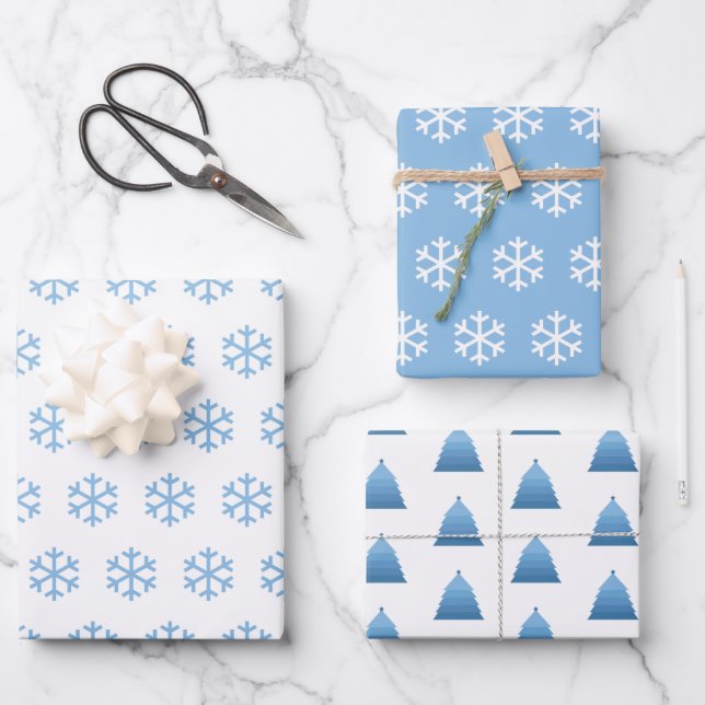 Blue Snowflakes and Christmas Tree Pattern Wrapping Paper Sheet (Front)