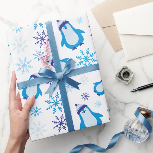 Blue Snowflakes and Cute Penguins White Seamless Wrapping Paper (Gifting)