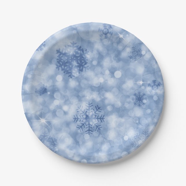 Blue snowflakes and sparkles paper plate (Front)