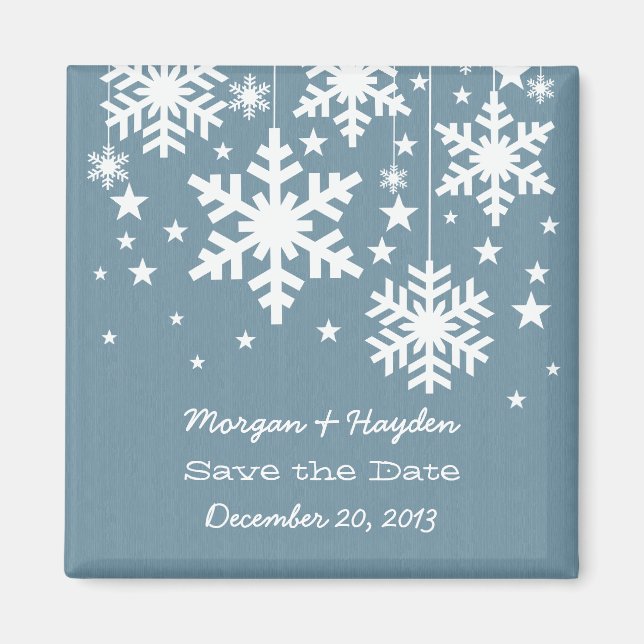 Blue Snowflakes and Stars Save the Date Magnet (Front)