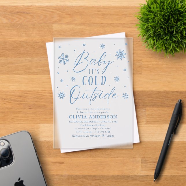 Blue Snowflakes Baby It's Cold Outside Baby Shower Acrylic Invitations (Insitu (Invitation Card))