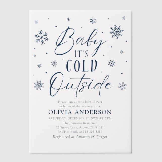 Blue Snowflakes Baby It's Cold Outside Baby Shower Vellum Invitations (Front)