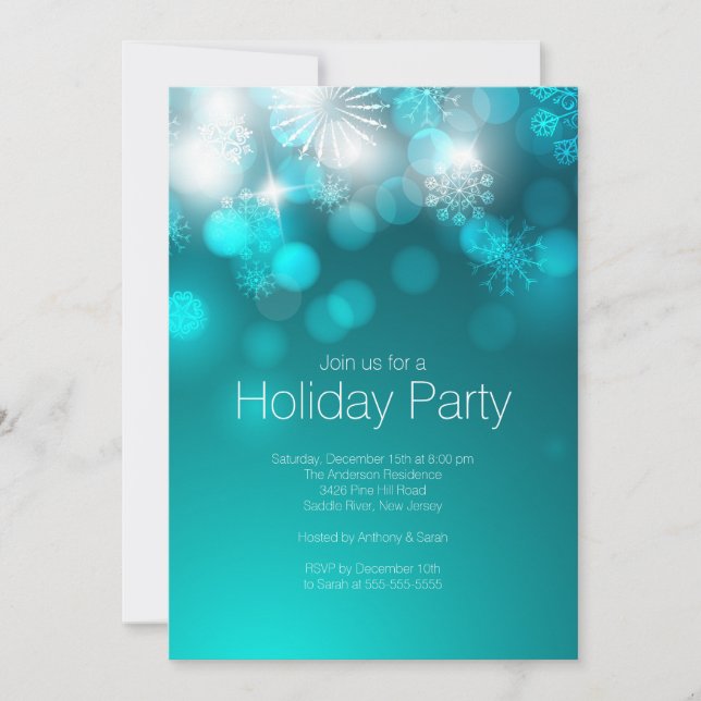 Blue Snowflakes & Bokeh Lights Holiday Invitation (Front)
