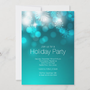 Blue Snowflakes & Bokeh Lights Holiday Invitation