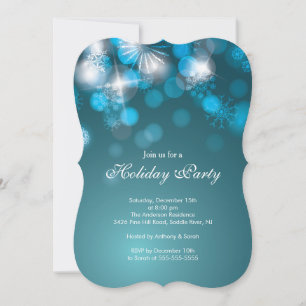 Blue Snowflakes & Bokeh Lights Holiday Invitation