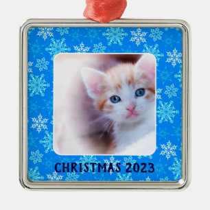 Blue Snowflakes Border Photo Metal Tree Decoration