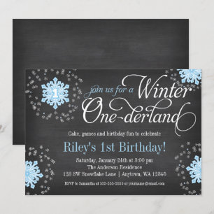 Blue Snowflakes Chalkboard Winter Onederland Invitation