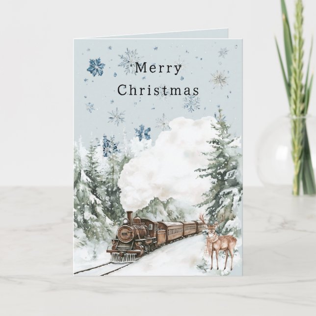 Blue Snowflakes Christmas Deer Train Card (Front)