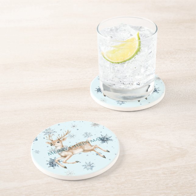 Blue Snowflakes Christmas Deer with Bow Coaster (Side)