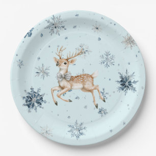 Blue Snowflakes Christmas Deer with Bow Paper Plate