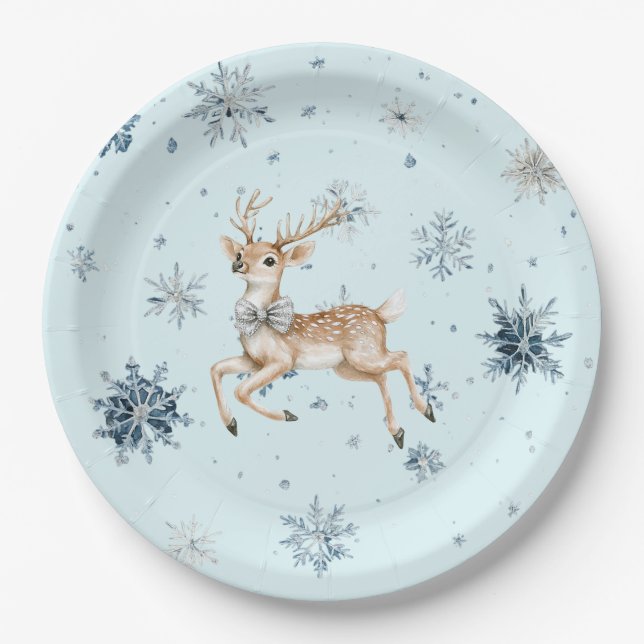 Blue Snowflakes Christmas Deer with Bow Paper Plate (Front)