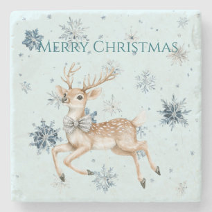 Blue Snowflakes Christmas Deer with Bow Stone Coaster