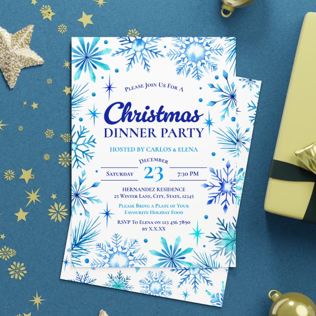 Blue Snowflakes Christmas Dinner Party Watercolor Invitation (Blue Snowflakes Christmas Dinner Party Watercolor Invitation)